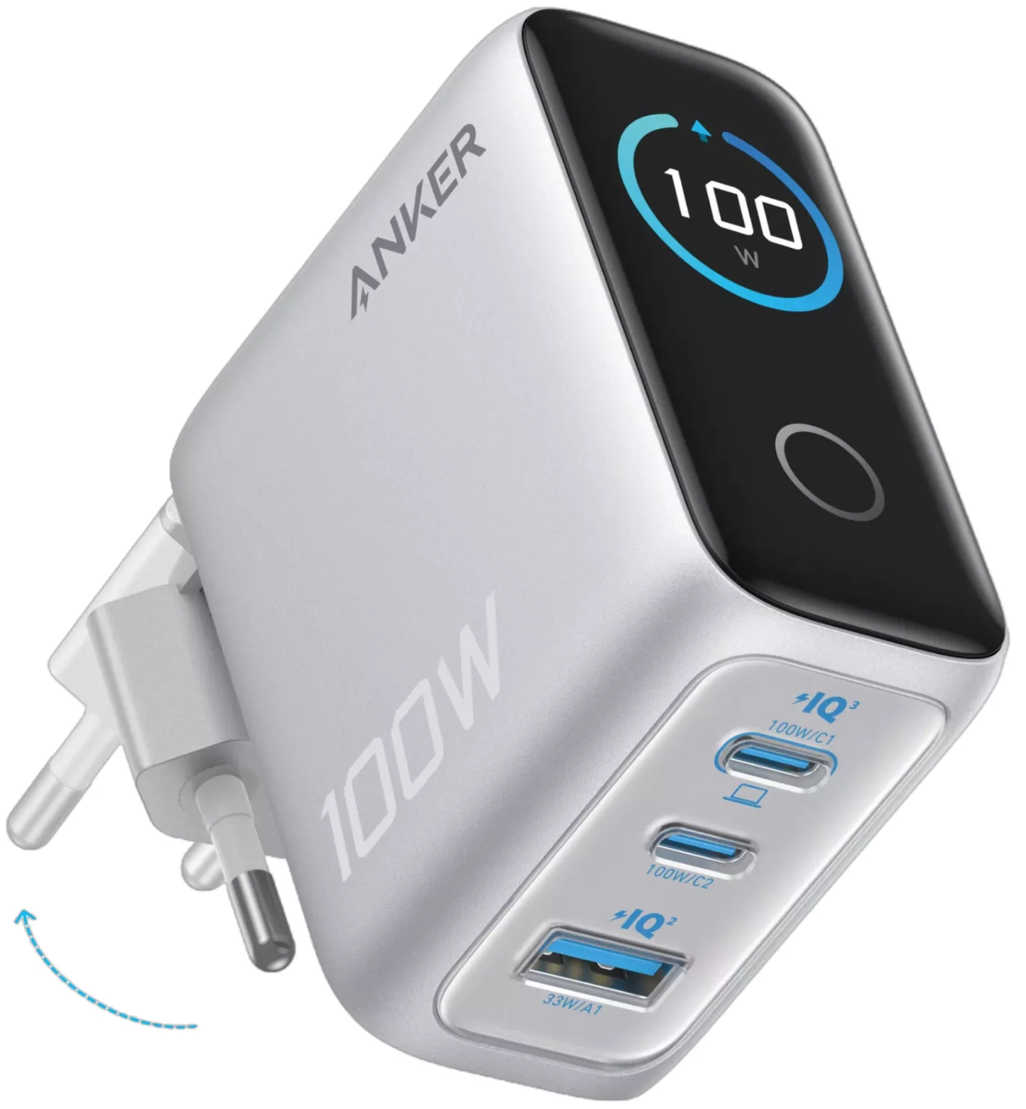 Síťová nabíječka s kabelem USB-C Anker Smart Display, 100W, 5A, 1 x USB-A - 2 x USB-C, Stříbrná B121BG41