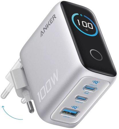 Síťová nabíječka s kabelem USB-C Anker Smart Display, 100W, 5A, 1 x USB-A - 2 x USB-C, Stříbrná B121BG41