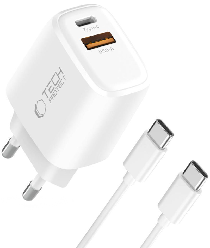 Síťová nabíječka s kabelem USB-C Tech-Protect NCA20, 20W, 3A, 1 x USB-A - 1 x USB-C, bílá