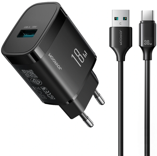 Síťová nabíječka s kabelem USB-C Joyroom JR-TF4, 18W, 3A, 1 x USB-A, černá