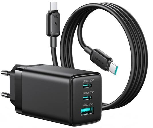 Síťová nabíječka s kabelem USB-C Joyroom JR-TG10, 65W, 3,25A, 1 x USB-A - 2 x USB-C, černá