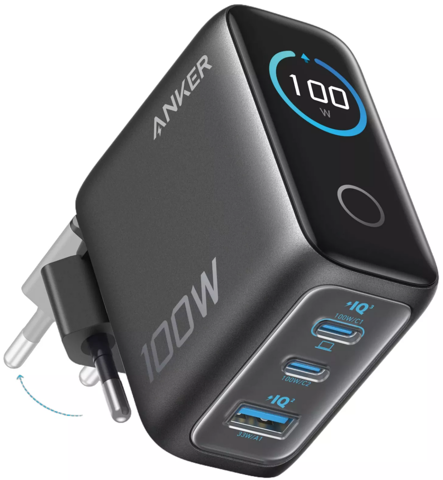 Síťová nabíječka s kabelem USB-C Anker Smart Display, 100W, 5A, 1 x USB-A - 2 x USB-C, šedá, znovu zabalená B121BGZ1