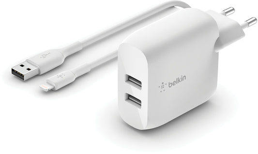 Belkin BoostCharge Dual USB-C Cable Wall Charger, 24W, 2.4A, 2 x USB-A, White WCE001vf1MWH
