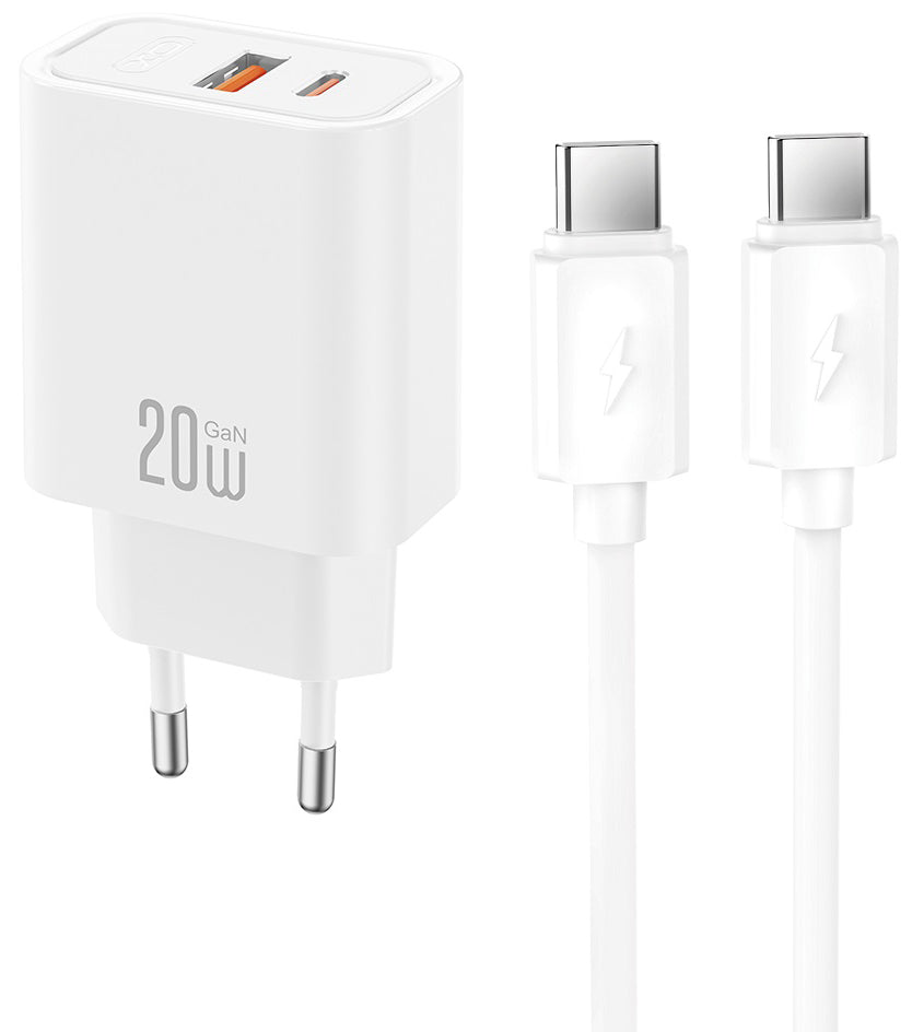 XO Design CE40 USB-C Cable Wall Charger, 20W, 3A, 1 x USB-A - 1 x USB-C, White