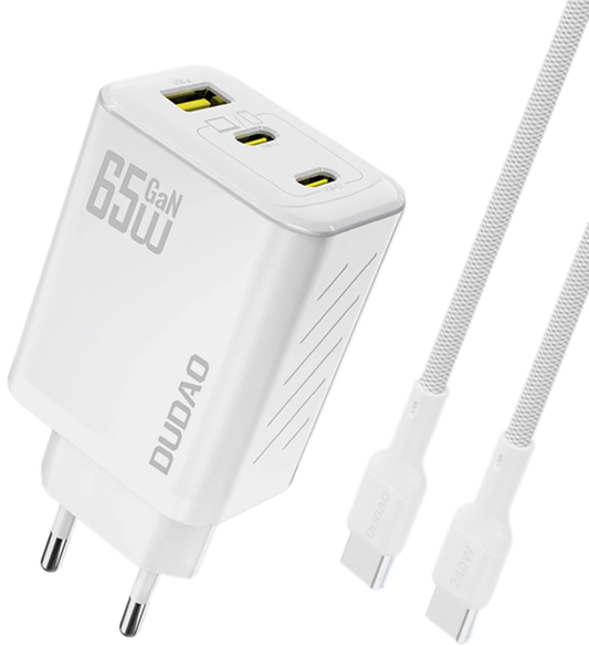 Síťová nabíječka s kabelem USB-C Dudao A29C, 65W, 3,25A, 1 x USB-A - 2 x USB-C, bílá