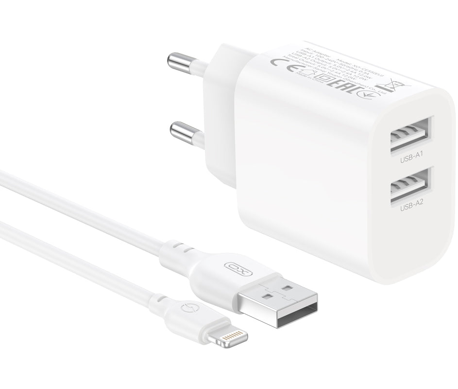 Síťová nabíječka s kabelem Lightning XO Design CE55, 12 W, 2,4 A, 2× USB-A, bílá