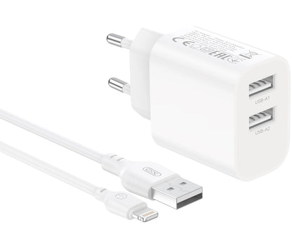 Síťová nabíječka s kabelem Lightning XO Design CE55, 12 W, 2,4 A, 2× USB-A, bílá