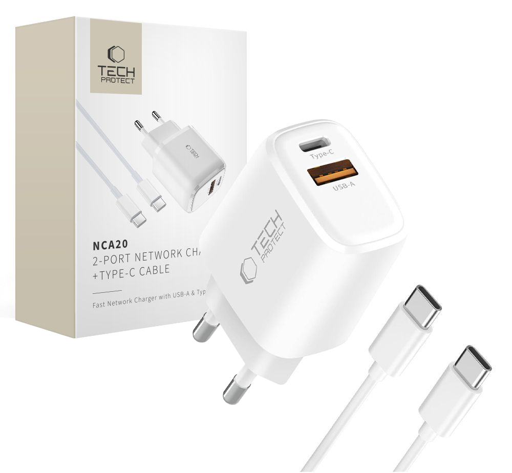 Síťová nabíječka s kabelem USB-C Tech-Protect NCA20, 20W, 3A, 1 x USB-A - 1 x USB-C, bílá