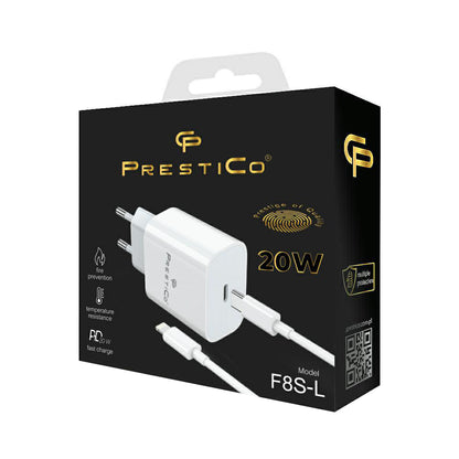 Síťová nabíječka s kabelem Lightning Prestico F8S, 20W, 3A, 1 x USB-C, Bílá