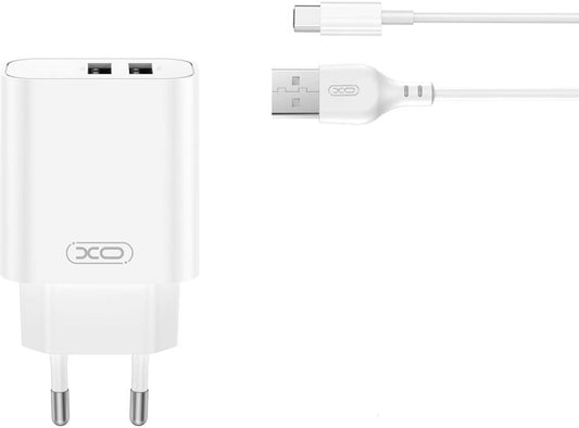 Síťová nabíječka s kabelem USB-C XO Design CE34, 12W, 2.4A, 2 x USB-A, Bílá