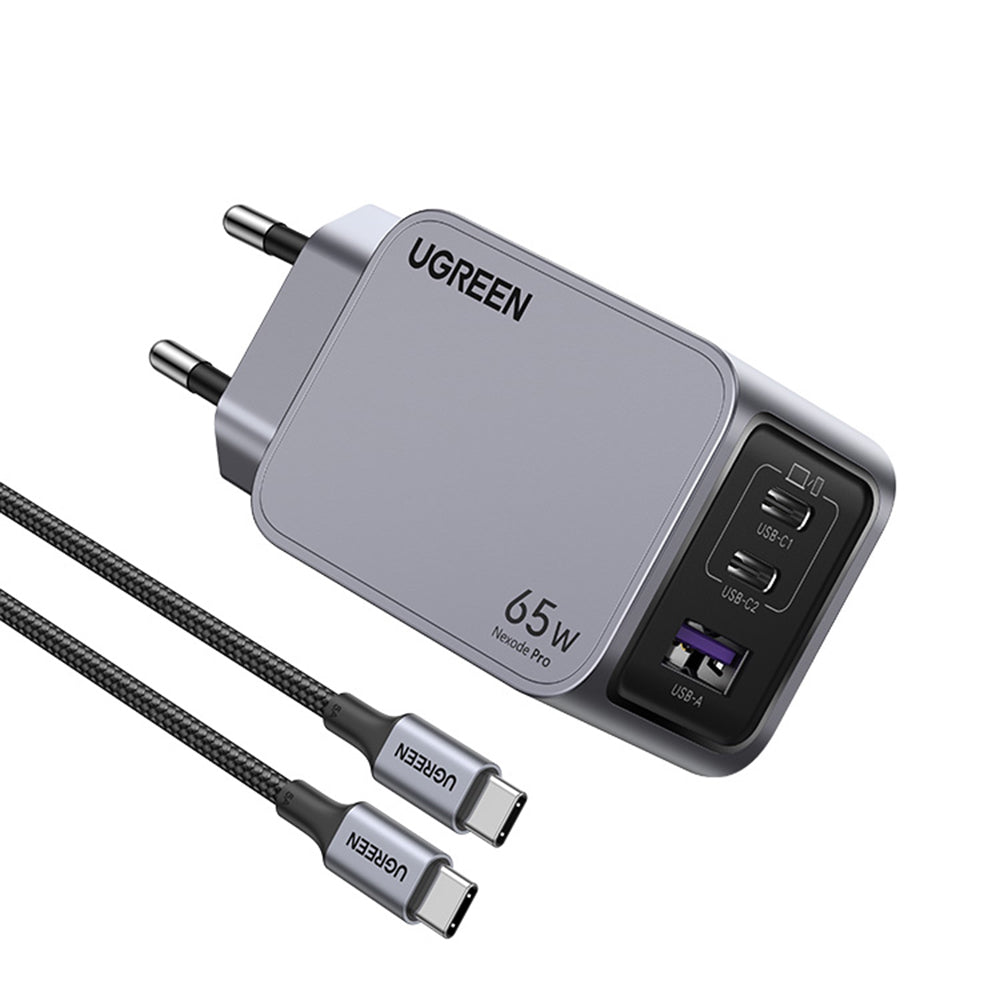 Síťová nabíječka s kabelem USB-C UGREEN X755 Nexode Pro, 65W, 3A, 1 x USB-A - 2 x USB-C, šedá