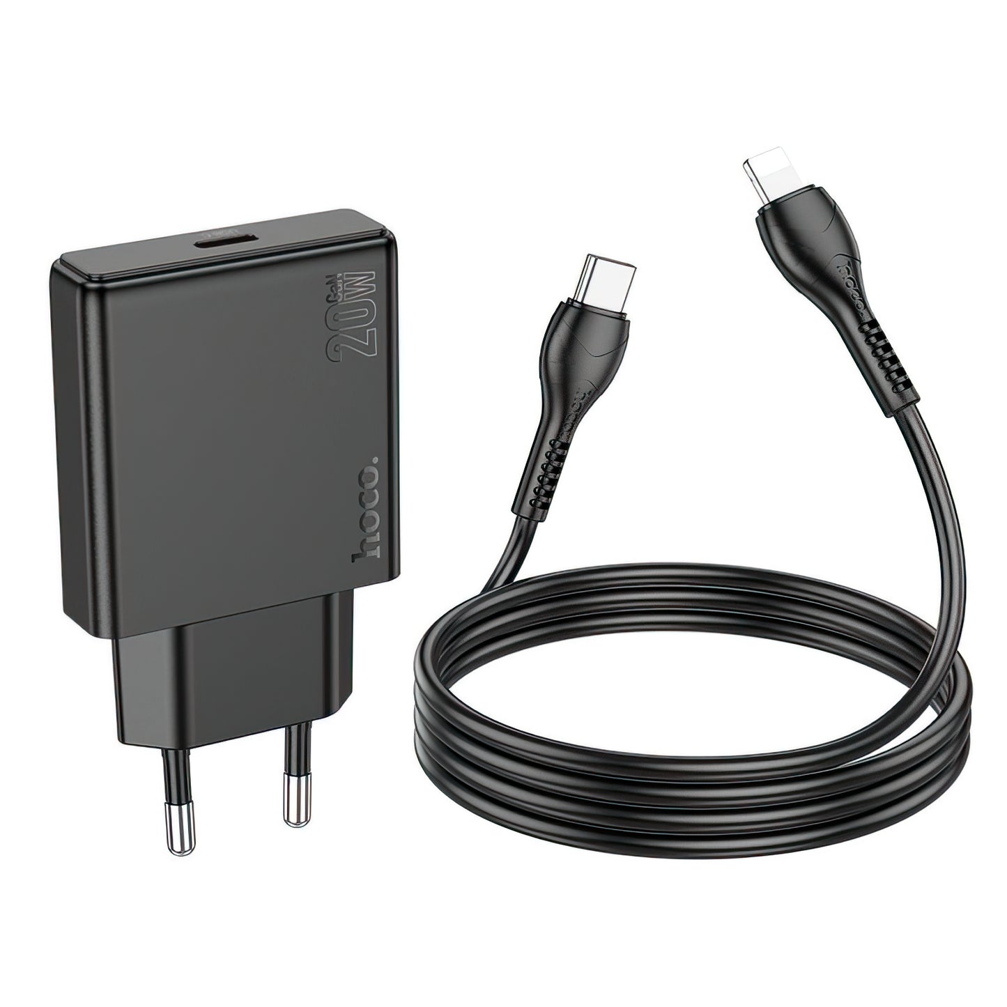Network Charger with Lightning Cable HOCO N37, 30W, 3A, 1 x USB-C, Black