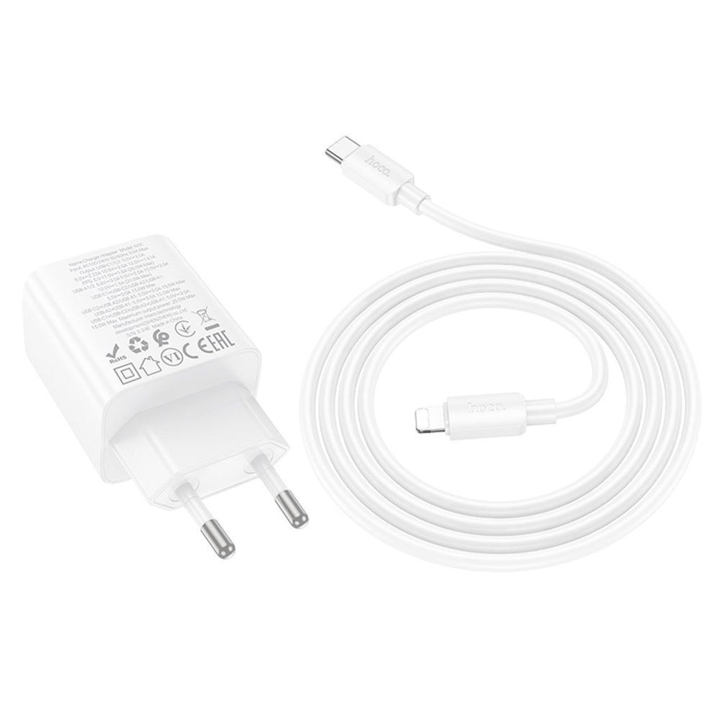 Síťová nabíječka s kabelem Lightning HOCO N56, 30W, 3A, 2 x USB-A - 2 x USB-C, Bílá