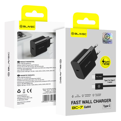 Síťová nabíječka s kabelem USB-C Blavec BC-7, 45W, 3A, 1 x USB-C, černá