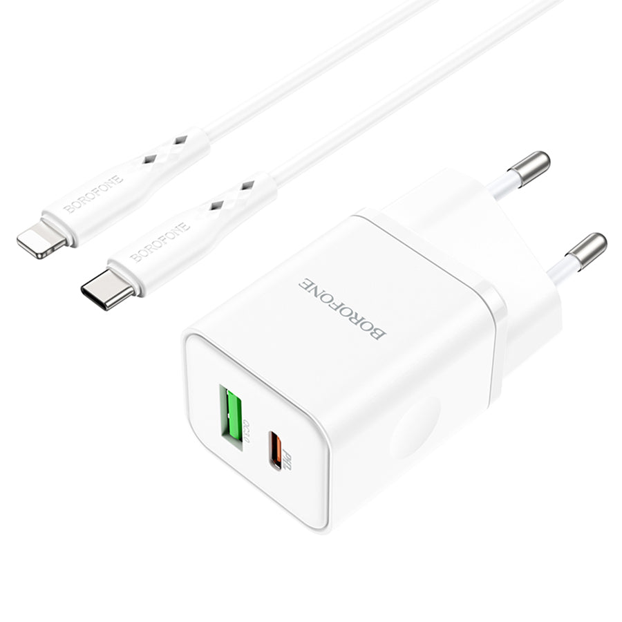 Síťová nabíječka s kabelem Lightning Borofone BN7, 20W, 3A, 1 x USB-A - 1 x USB-C, bílá