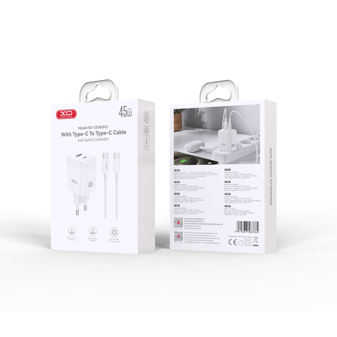Síťová nabíječka s kabelem USB-C XO Design CE36, 45W, 3A, 1 x USB-A - 1 x USB-C, Bílá
