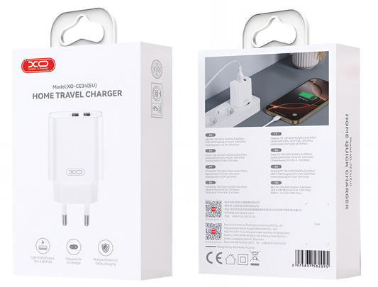 Síťová nabíječka s kabelem Lightning XO Design CE34, 12W, 2.4A, 2 x USB-A, Bílá