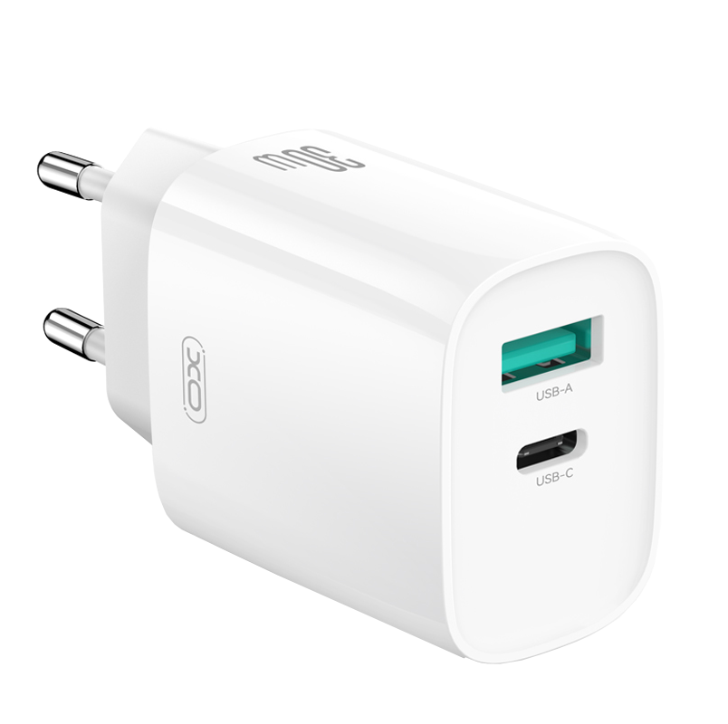Síťová nabíječka s kabelem Lightning XO Design CE30, 30W, 3A, 1 x USB-A - 1 x USB-C, Bílá