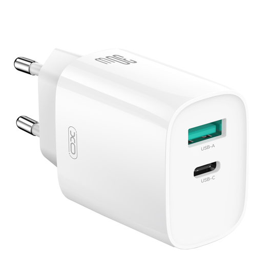 Síťová nabíječka s kabelem Lightning XO Design CE30, 30W, 3A, 1 x USB-A - 1 x USB-C, Bílá