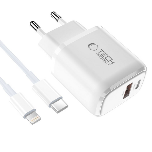 Síťová nabíječka s kabelem Lightning Tech-Protect NCA20, 20W, 3A, 1 x USB-A - 1 x USB-C, bílá