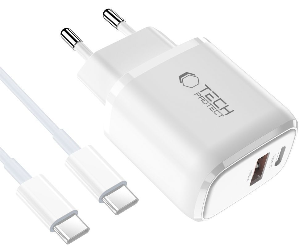 Síťová nabíječka s kabelem USB-C Tech-Protect NCA20, 20W, 3A, 1 x USB-A - 1 x USB-C, bílá