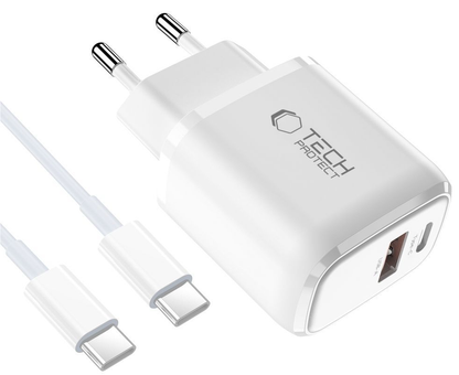 Síťová nabíječka s kabelem USB-C Tech-Protect NCA20, 20W, 3A, 1 x USB-A - 1 x USB-C, bílá