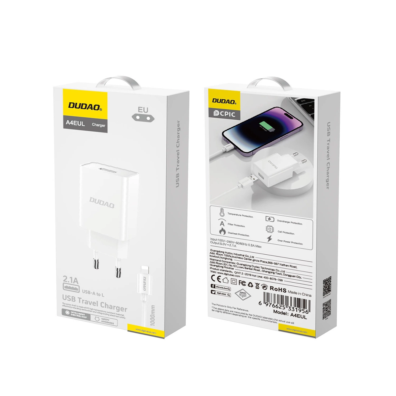 Síťová nabíječka s kabelem Lightning Dudao A4EU, 10W, 2.1A, 1 x USB-A, Bílá
