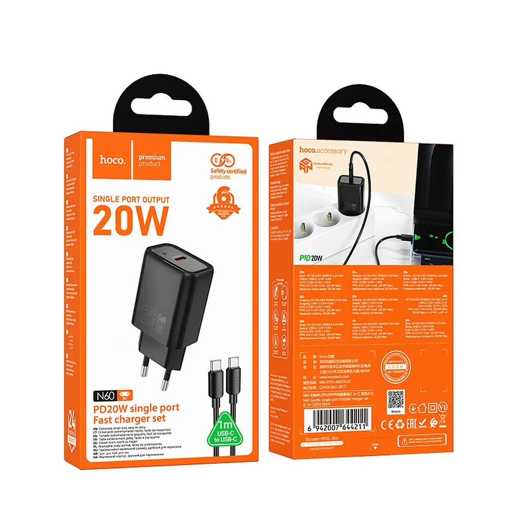 Síťová nabíječka s kabelem Lightning HOCO N60, 20W, 3A, 1 x USB-C, černá