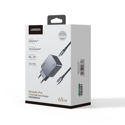 Síťová nabíječka s kabelem USB-C UGREEN X755 Nexode Pro, 65W, 3A, 1 x USB-A - 2 x USB-C, šedá