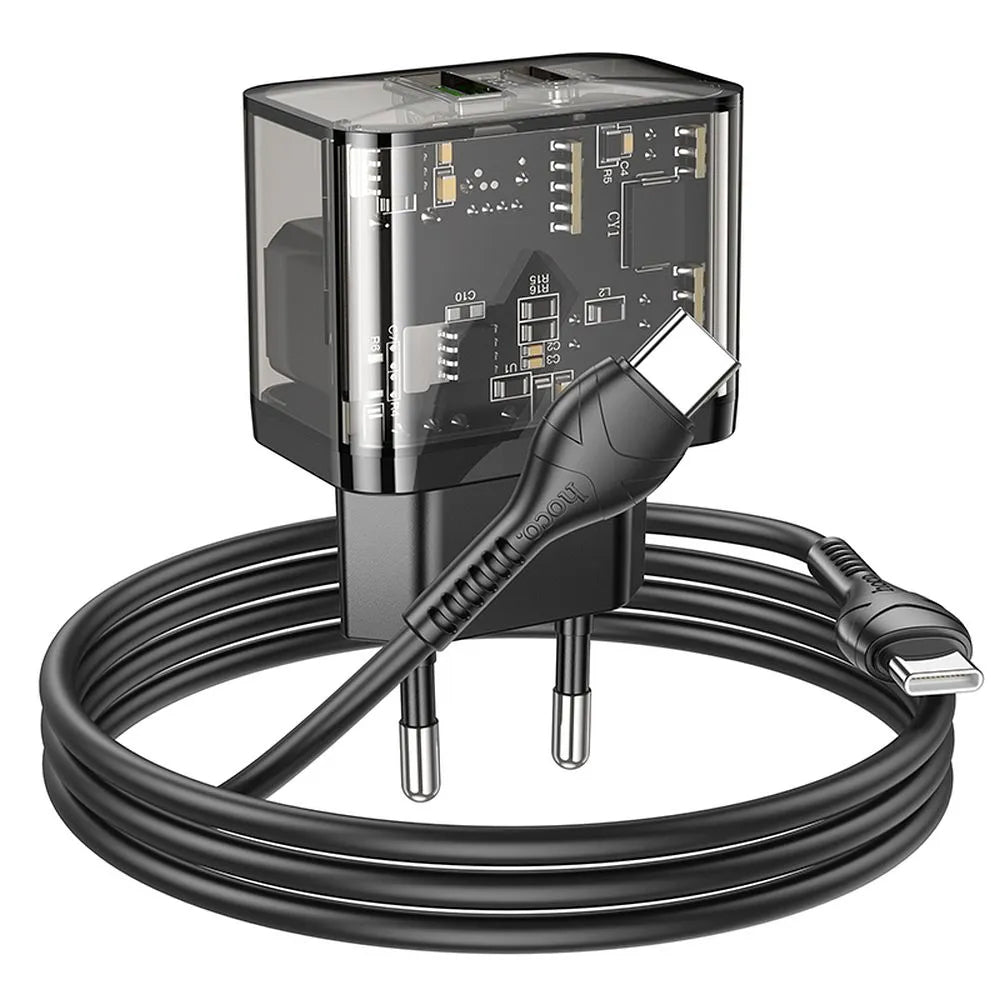 Síťová nabíječka s kabelem USB-C HOCO N34, 20W, 3A, 1 x USB-A - 1 x USB-C, Transparentní