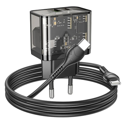 Síťová nabíječka s kabelem USB-C HOCO N34, 20W, 3A, 1 x USB-A - 1 x USB-C, Transparentní