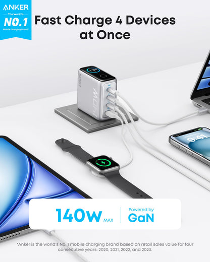 Síťová nabíječka s kabelem USB-C Anker Zolo, 140W, 5A, 1 x USB-A - 3 x USB-C, Stříbrná B2697G41