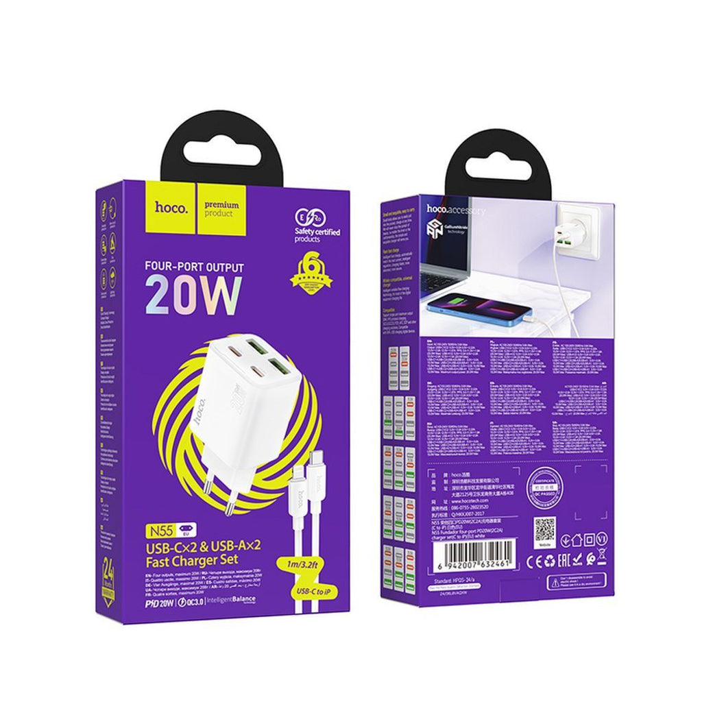 Síťová nabíječka s kabelem Lightning HOCO N55, 20W, 3A, 2 x USB-A - 2 x USB-C, Bílá