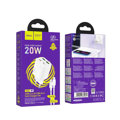 Síťová nabíječka s kabelem Lightning HOCO N55, 20W, 3A, 2 x USB-A - 2 x USB-C, Bílá