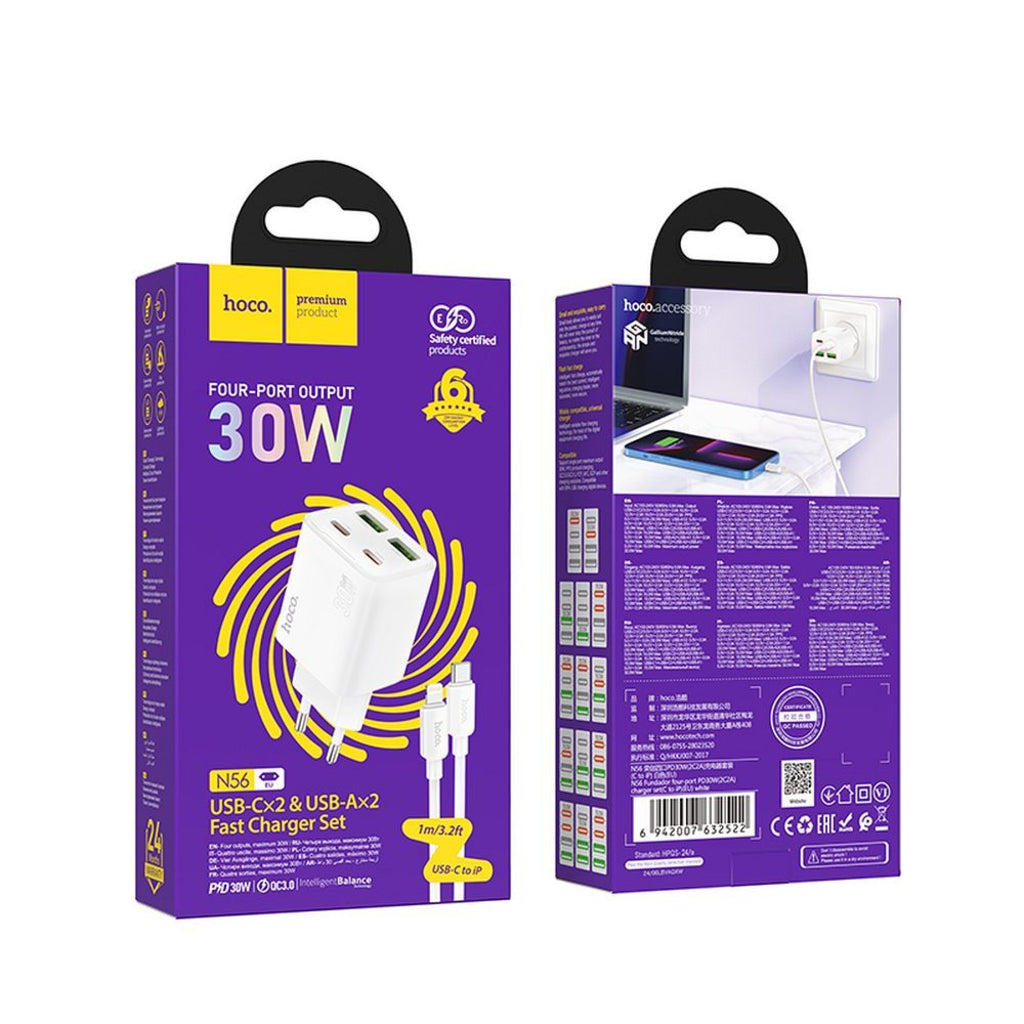 Síťová nabíječka s kabelem Lightning HOCO N56, 30W, 3A, 2 x USB-A - 2 x USB-C, Bílá