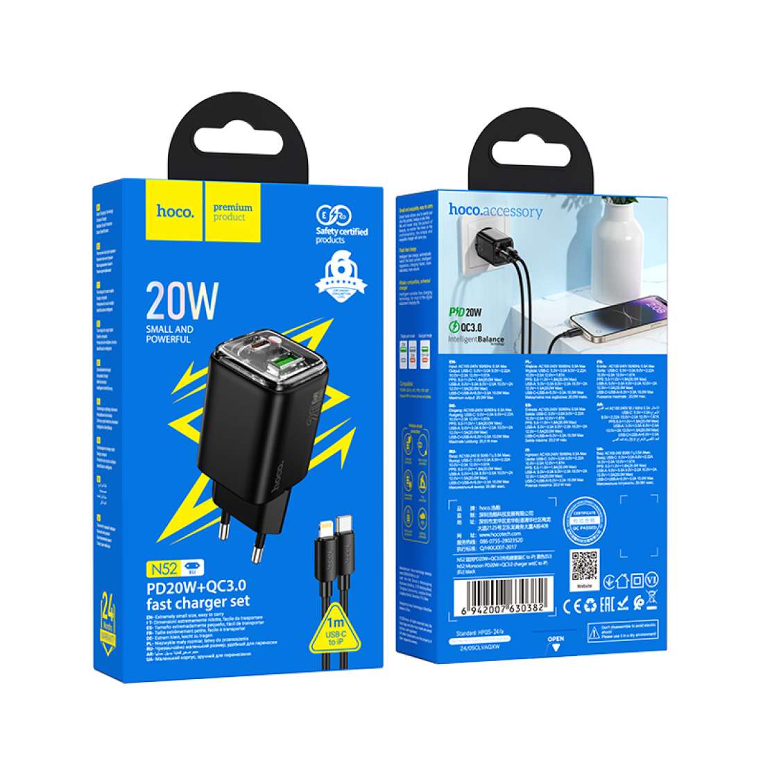 Síťová nabíječka s kabelem Lightning HOCO N52, 20W, 3A, 1 x USB-A - 1 x USB-C, černá