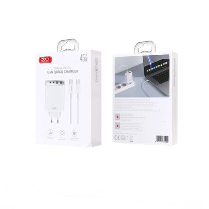 Síťová nabíječka s kabelem USB-C XO Design CE22, 45W, 3A, 2 x USB-A - 2 x USB-C, Bílá