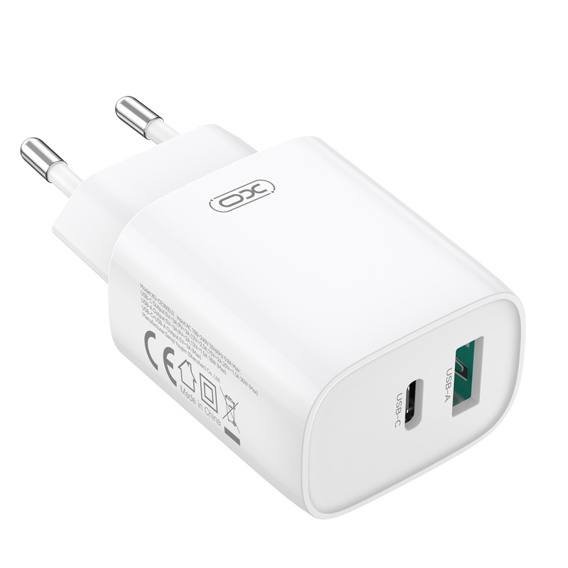 Síťová nabíječka s kabelem Lightning XO Design CE30, 30W, 3A, 1 x USB-A - 1 x USB-C, Bílá