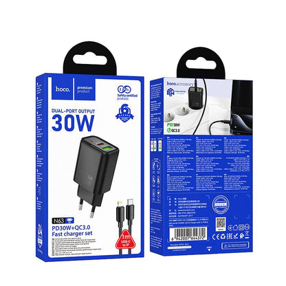 Síťová nabíječka s kabelem Lightning HOCO N63, 30W, 3A, 1 x USB-A - 1 x USB-C, černá