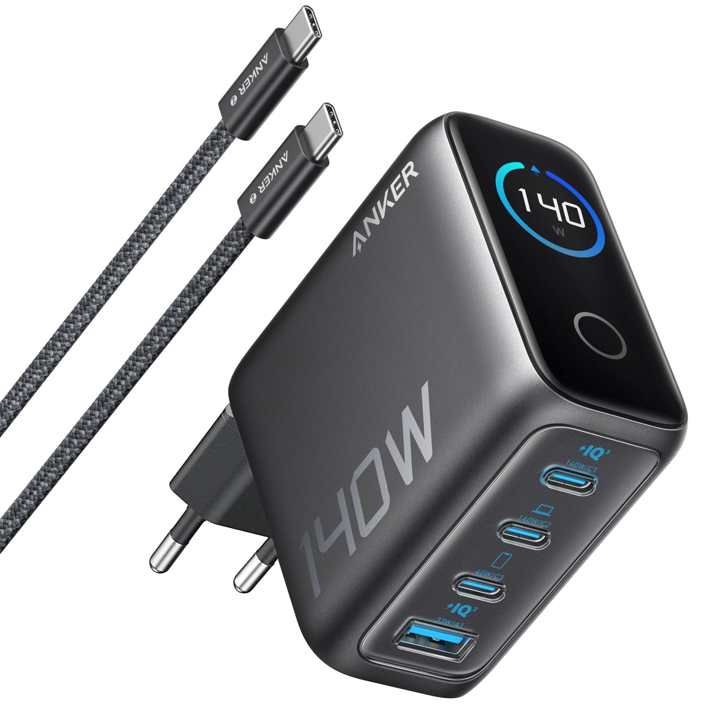 Síťová nabíječka s kabelem USB-C Anker Zolo, 140W, 5A, 1 x USB-A - 3 x USB-C, Černá B2697GZ1