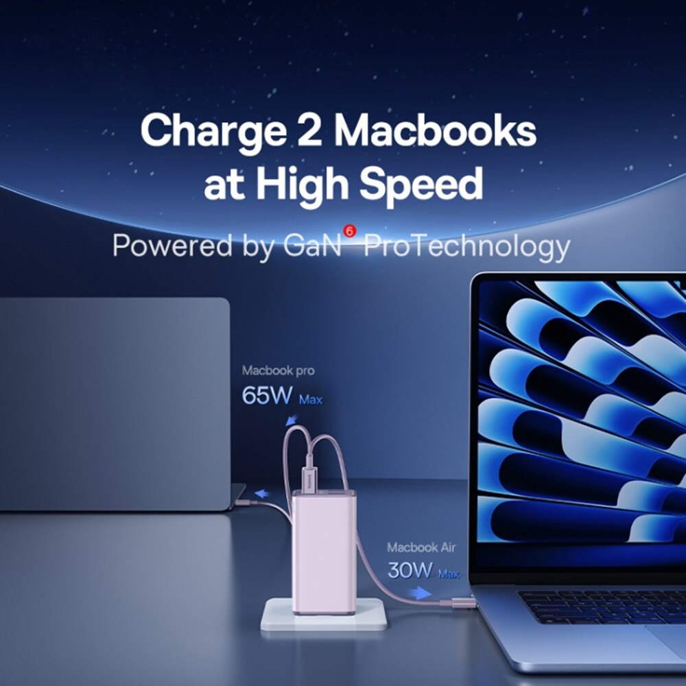 Síťová nabíječka s kabelem USB-C Baseus GaN6 Pro, 100W, 3.25A, 2 x USB-A - 2 x USB-C, Fialová P10162705532-00