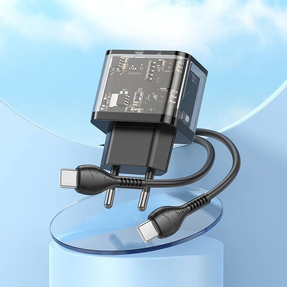 Síťová nabíječka s kabelem USB-C HOCO N34, 20W, 3A, 1 x USB-A - 1 x USB-C, Transparentní