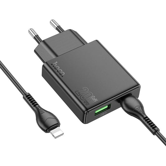 Síťová nabíječka s kabelem Lightning HOCO N38, 20W, 3A, 1 x USB-A - 1 x USB-C, černá