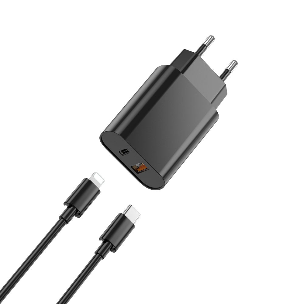 Síťová nabíječka s kabelem Lightning WiWu Wi-U002, 20W, 3A, 1 x USB-A - 1 x USB-C, černá