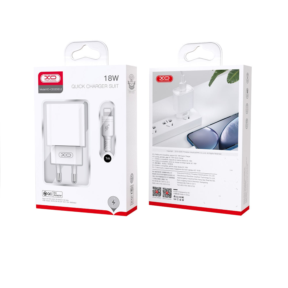 Síťová nabíječka s kabelem Lightning XO Design CE02D, 18W, 3A, 1 x USB-A, Bílá