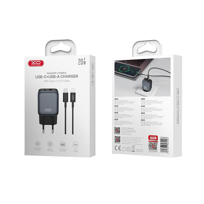 Síťová nabíječka s kabelem Lightning XO Design L154, 20W, 3A, 1 x USB-A - 1 x USB-C, černá