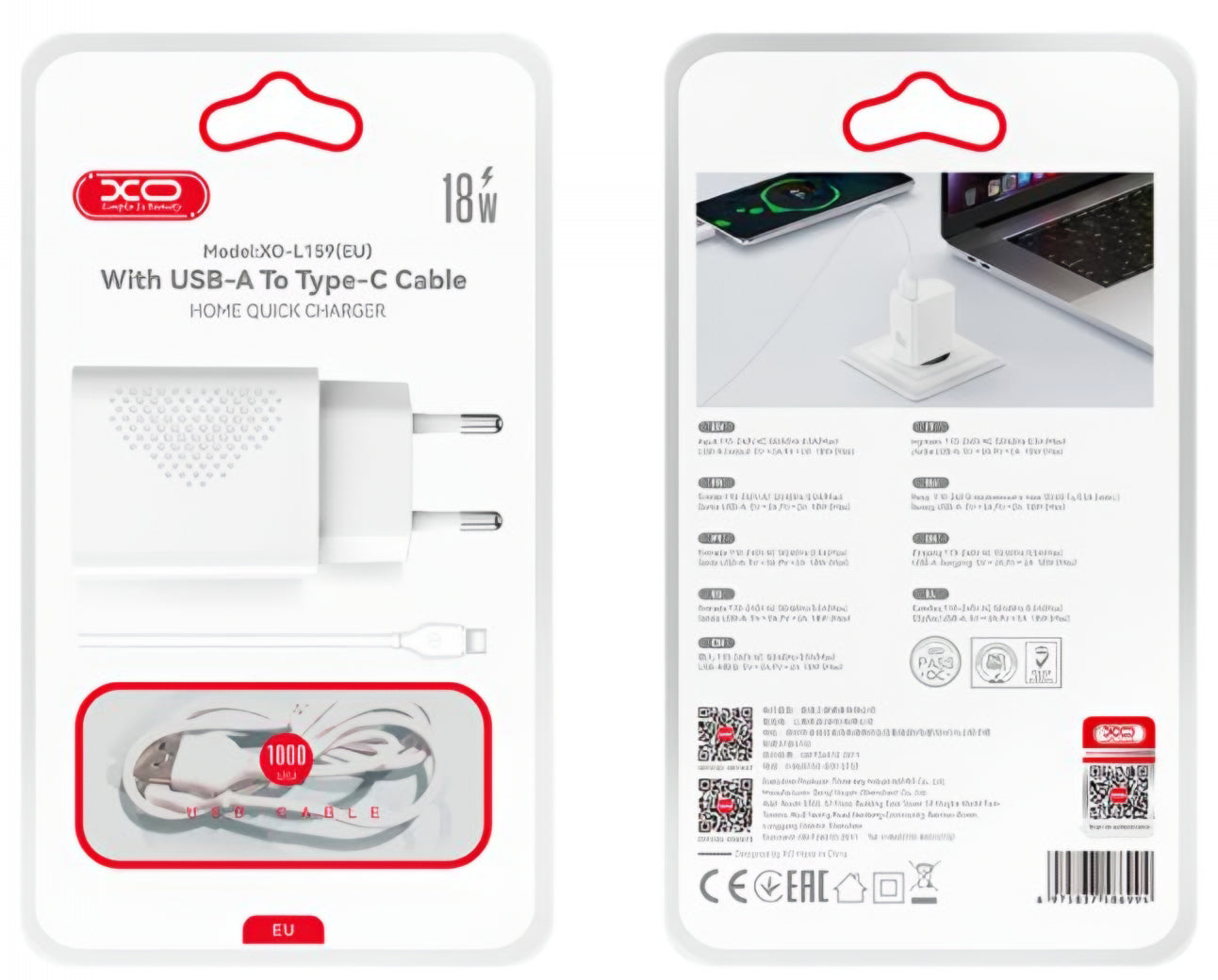 Síťová nabíječka s kabelem USB-C XO Design L159, 18W, 3A, 1 x USB-A, Bílá