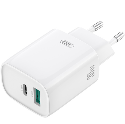 Síťová nabíječka s kabelem Lightning XO Design CE30, 30W, 3A, 1 x USB-A - 1 x USB-C, Bílá