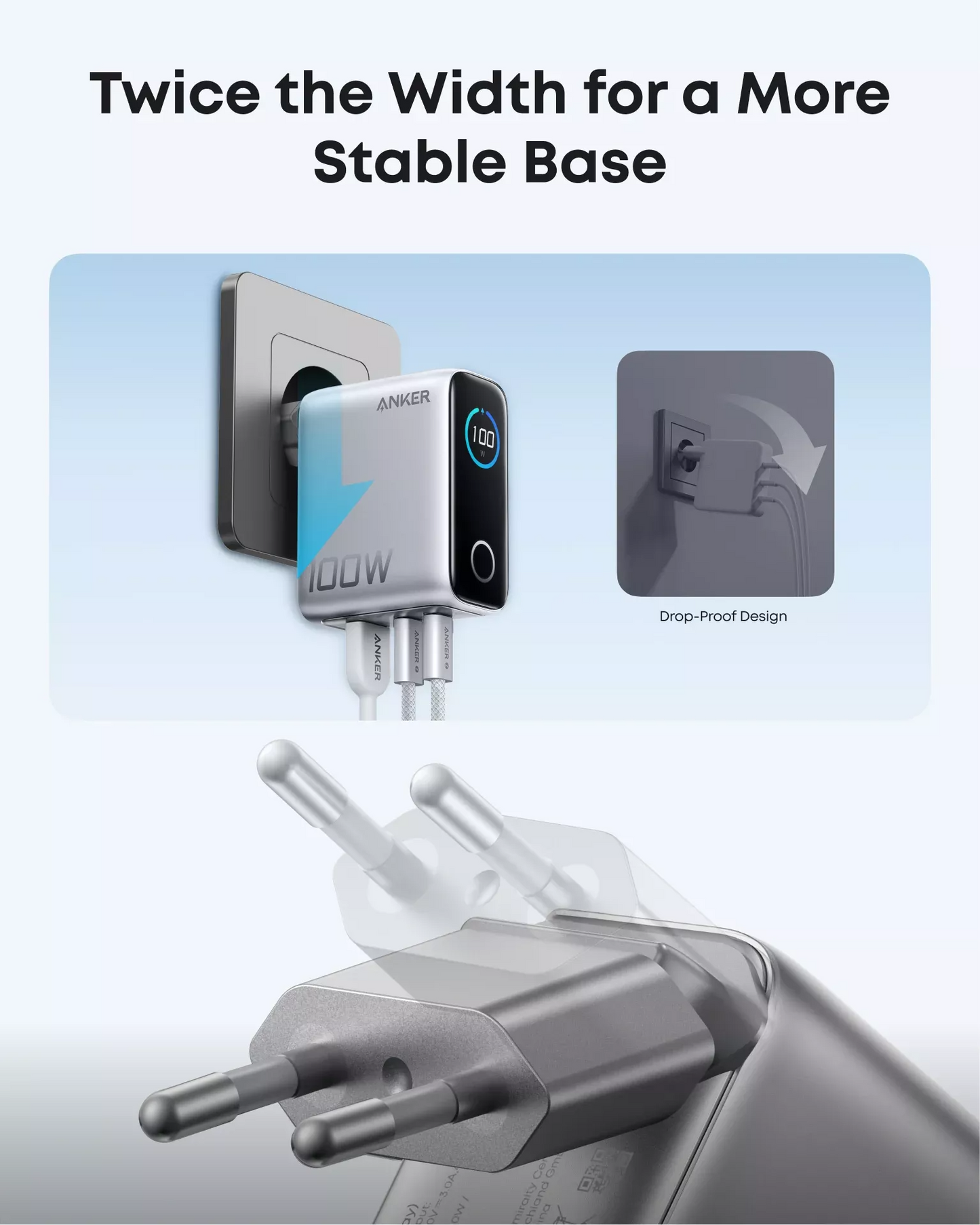 Síťová nabíječka s kabelem USB-C Anker Smart Display, 100W, 5A, 1 x USB-A - 2 x USB-C, Stříbrná B121BG41