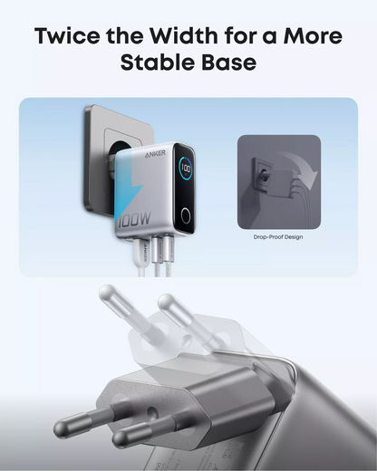 Síťová nabíječka s kabelem USB-C Anker Smart Display, 100W, 5A, 1 x USB-A - 2 x USB-C, Stříbrná B121BG41